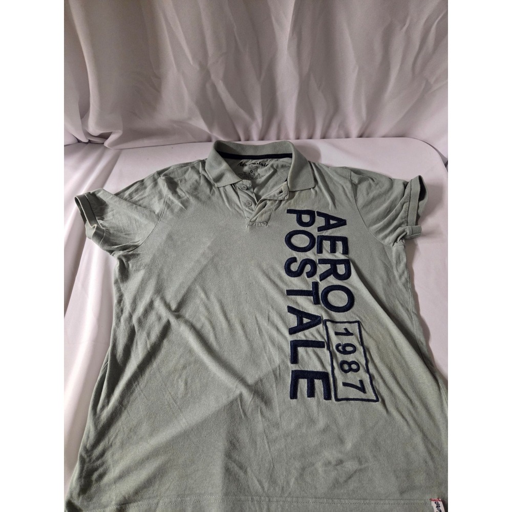 Aeropostale Mens Sage Green Short Sleeve Logo Polo Shirt Sz Medium 1987 Graphic